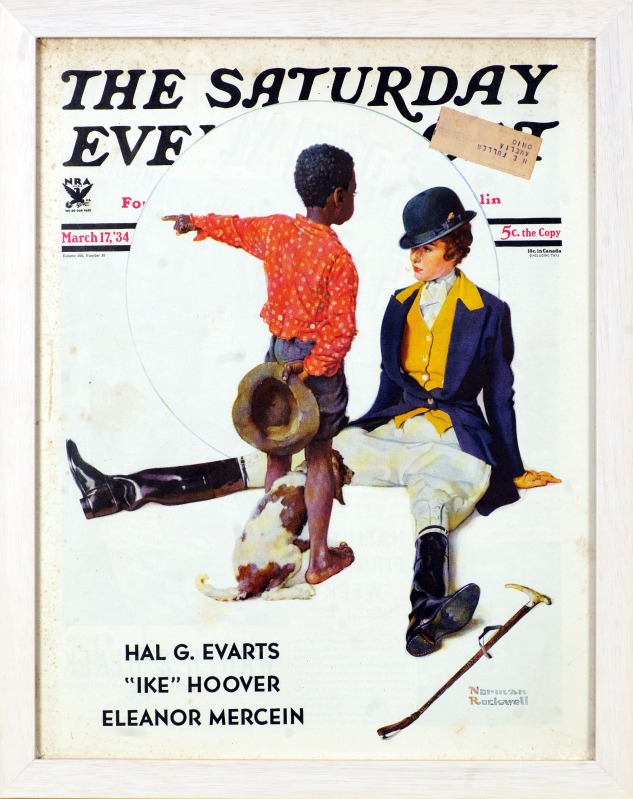 Norman Rockwell Saturday Evening Post cover. A white female rider sits on her butt, having just fallen from her horse. A Black boy stands over her, respectfully pointing her in the direction of the hunt.