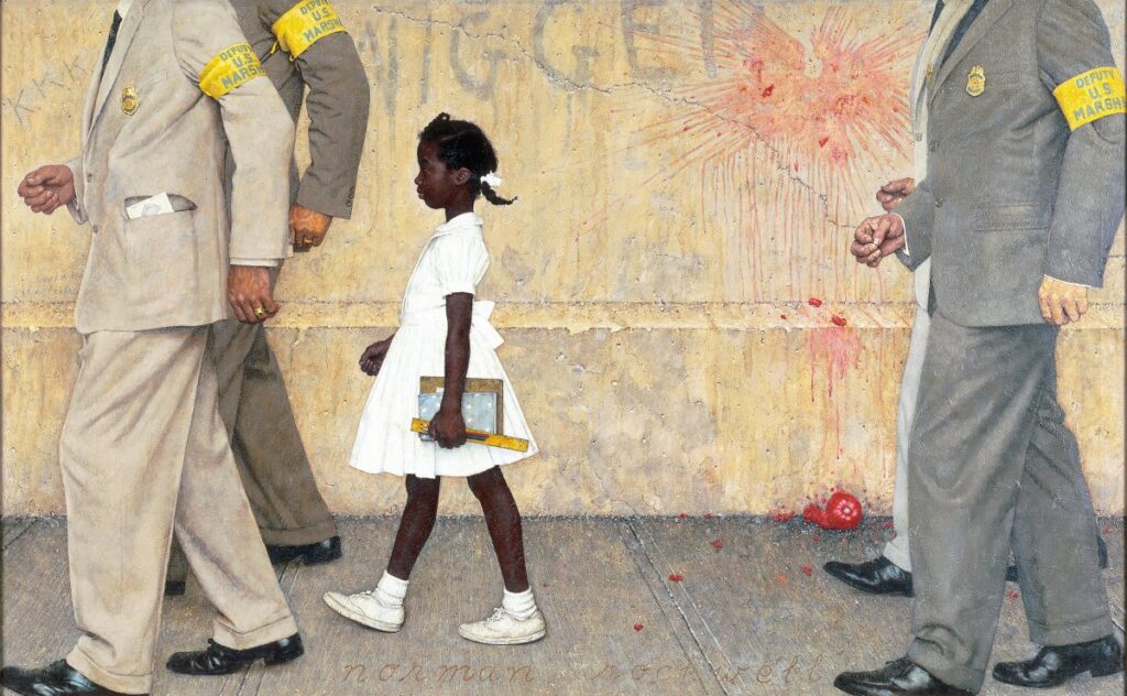 Norman Rockwell painting of Ruby Bridges, being escorted to school by four anonymous white men in US Marshall armbands. A tomato has smashed against the wall behind her, where the n-word has also been scrawled.