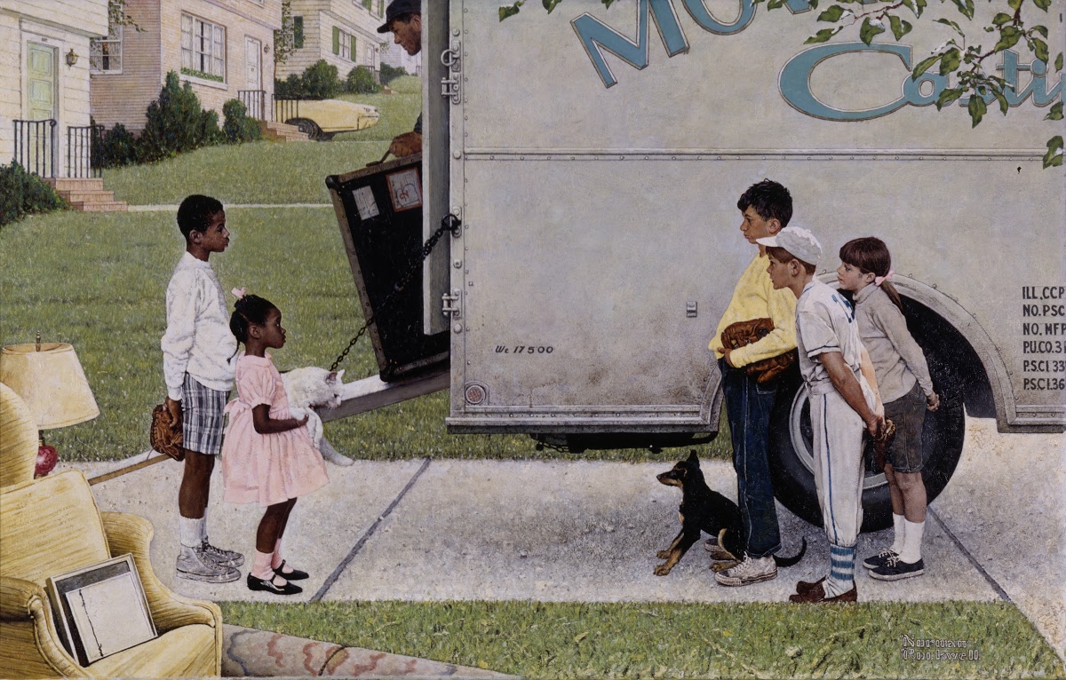 Image description
Norman Rockwell painting of a Black family moving into a white neighborhood. A man takes furniture out of a truck, while two Black children and three white children stare at each other with curiosity and interest.