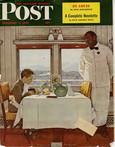 Norman Rockwell Saturday Evening Post cover. In a train's dining car, a Black waiter smiles at a white boy eating by himself.